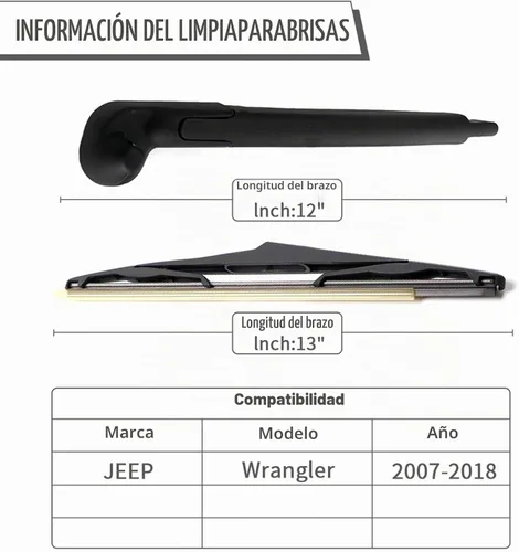 Vista 2 de Brazo y cuchilla del limpiaparabrisas trasero para Jeep Wrangler JK