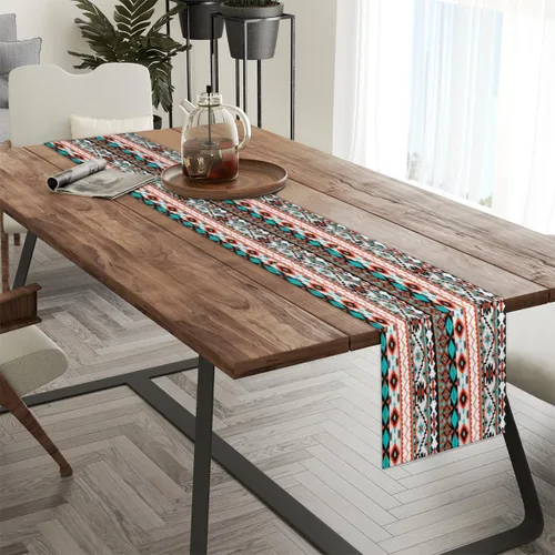 Vista 3 de Table Runner Ethnic Tribal Geometric Pattern, Rustic Linen Table Cloth for Farmhouse Kitchen, Dinner, Events, Party, Holiday Table Decor 13 x 60