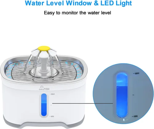 Vista 3 de Fuente de agua para gatos Wonder Creature de acero inoxidable, 84 onzas/2.5 litros, fuente automática de agua para mascotas con ventana de nivel