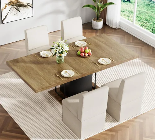 Vista 2 de Juego de mesa de comedor extensible para mesa de cocina extensible de 4, 5 piezas y 4 sillas de almacenamiento ocultas de lino tapizadas de madera