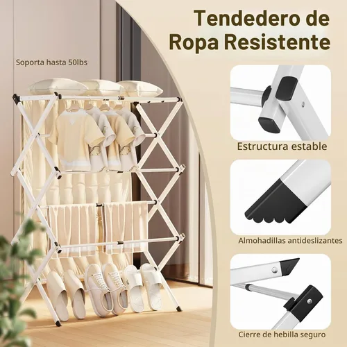 Vista 4 de Estante de secado de ropa plegable, metal resistente al óxido Blanco