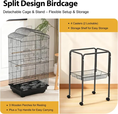 Vista 6 de Jaula grande de metal para pájaros de 60 pulgadas con soporte, jaula de loro rodante con estante de almacenamiento, bandeja deslizante, perca