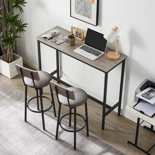 Vista 2 de Juego de mesa y silla de bar industrial para 2 mesas y taburetes de altura de mostrador con respaldo, mesa de comedor rectangular, juego de 3
