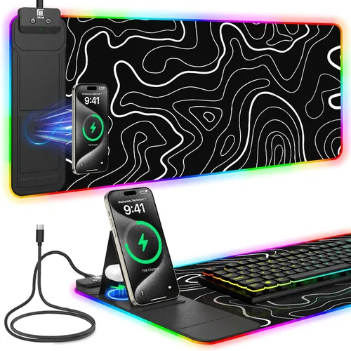 Vista 34 de Alfombrilla de ratón de carga inalámbrica, 31.5"x11.81" alfombrilla de ratón XL para juegos con 11 colores RGB y 5 modos de iluminación, alfombrilla