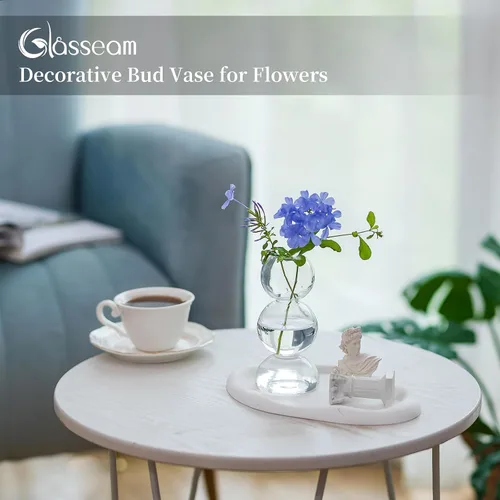 Vista 7 de Glasseam Juego de 2 jarrones de flores únicos, bonitos jarrones pequeños de vidrio para flores, jarrones transparentes modernos para decoración