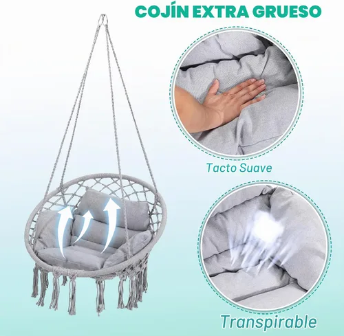Vista 3 de KROFEM - Silla columpio de macramé, silla colgante para dormitorio, cojín grueso Gris ordinario