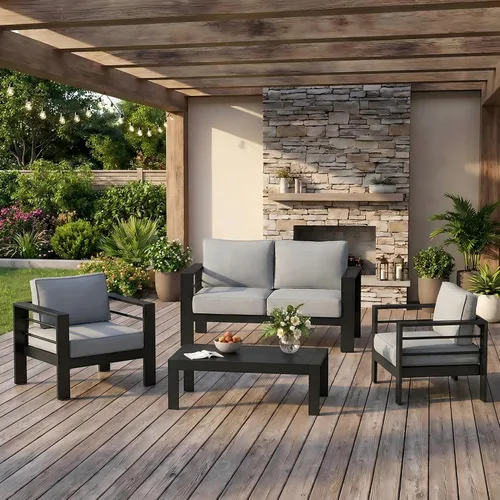 Vista 11 de Solaste Sofá de aluminio para patio con mesa auxiliar, juego de 3 muebles de patio con cojines, sofá de exterior para todo tipo de clima