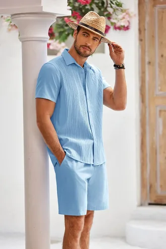 Vista 3 de COOFANDY Conjunto de ropa de lino azul para hombre, camisa de algodón de manga corta con botones y pantalones cortos de lino