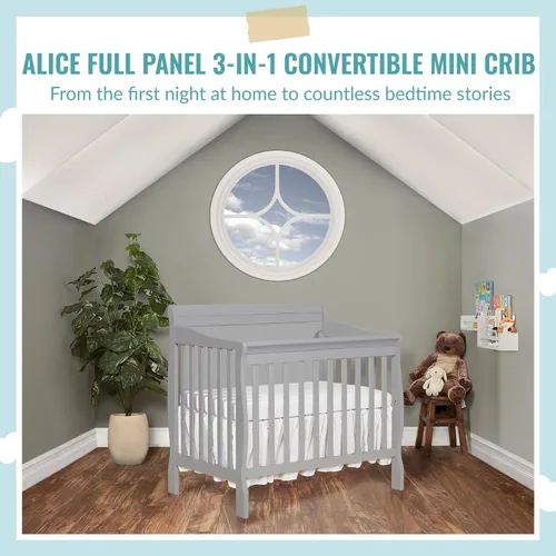 Vista 6 de Dream On Me Alice Mini cuna convertible 3 en 1 de panel completo, color gris pedrusco, certificado Greenguard Gold Pebble Grey