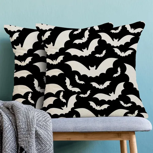 Vista 2 de Juego de 2 fundas de almohada de Halloween de 16 x 16 pulgadas, fundas de almohada de murciélagos negros y crema, fundas de cojín decorativas