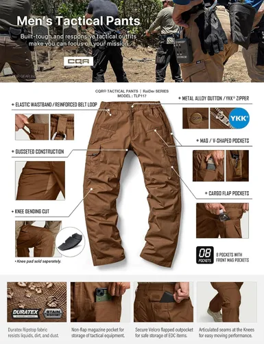 Vista 8 de CQR Pantalones tácticos para hombre, resistentes al agua, pantalones cargo Ripstop, ligeros EDC trabajo, senderismo, ropa para exteriores