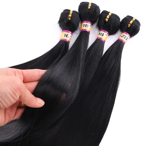 Vista 2 de 4 paquetes de cabello sintético sedoso y liso, 4 paquetes de 16, 18, 18, 20 pulgadas, extensiones de cabello de fibra de doble trama color negro