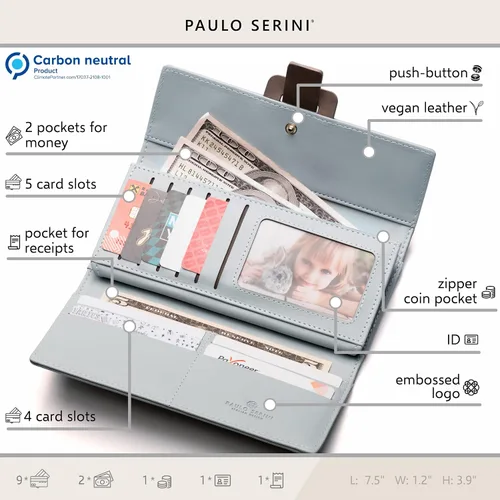 Vista 5 de PAULO SERINI Cartera Mujer - Cartera para mujer con monedero - Tarjetero 9 tarjetas - Pulsera - Carteras veganas para mujer - Regalos de cumpleaños