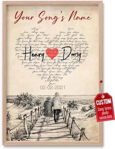 Vista 28 de H-DEWALL Póster personalizado de letras de canciones, regalo de boda único para parejas, personaliza con tus propias fotos, nombres y fecha, sin