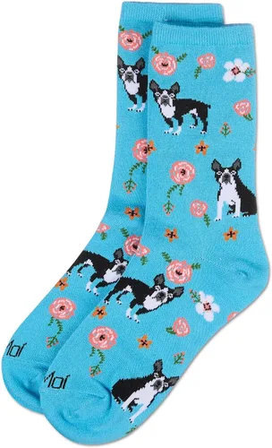 Vista 8 de MeMoi Calcetines novedosos de Bulldog Francés y Rosas Rayan Blend Crew Caverna azul