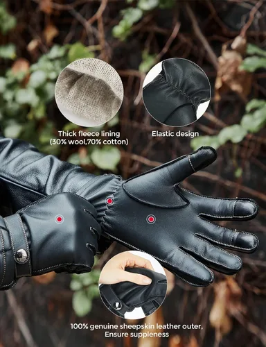 Vista 3 de KEMIMOTO Sheepskin Leather Driving Motorcycle Gloves for Men Women All Fingers Touchscreen Texting Riding Winter Dress Black Cashmere Lined Gloves
