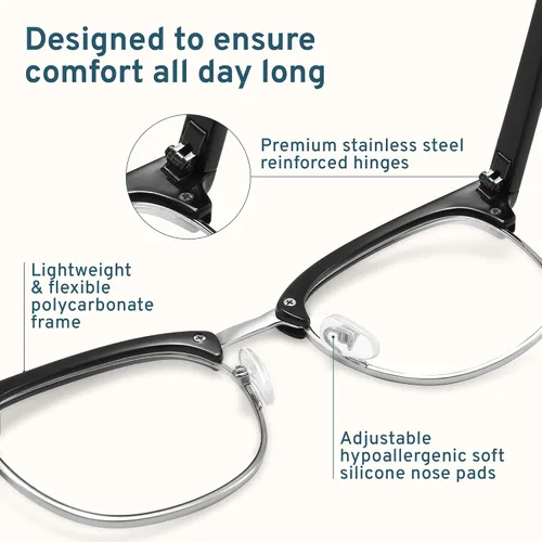 Vista 3 de racico Blue Light Glasses for Men Computer - Gaming Blocking Anti Eyestrain UV Clear Lens Vintage Half Frame Fake Eyeglasses