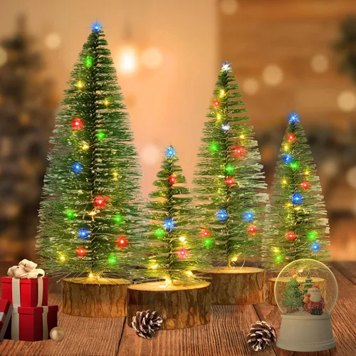 Vista 5 de 4 mini árboles de Navidad con luces, 4 tamaños de árboles de Navidad artificiales Battery Powered Bottle Brush Christmas Trees with 2 Modes Timer