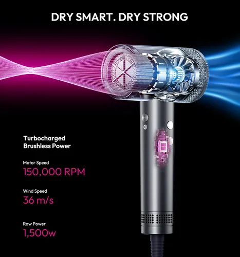 Vista 9 de Secador de pelo iónico de alta velocidad con difusor, pantalla LCD profesional con control térmico, secado rápido de 1500 W, secador de pelo