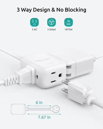 Vista 2 de NUTICT Cable de extensión corto de 6 pulgadas, extensor de 3 salidas con protector de sobretensiones 900J, 15A/1875W, certificado ETL, divisor
