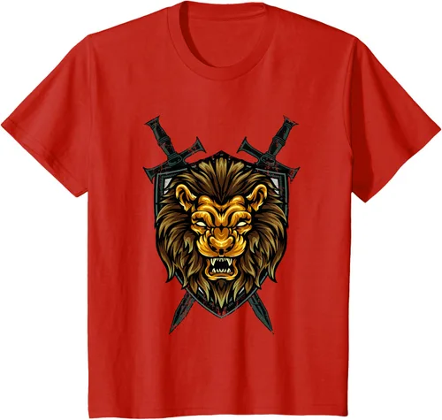 Vista 52 de Camiseta con diseño de caballero medieval renacentista, con diseño de espada de león, Negro, S