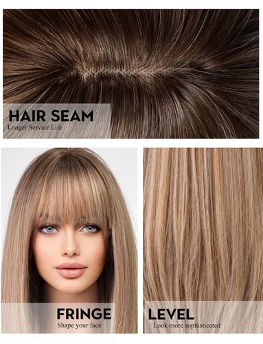 Vista 5 de Pelucas rubias cenizas para mujer, peluca larga recta en capas con flequillo, cabello sintético natural con raíces oscuras