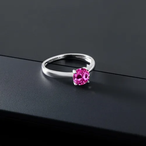 Vista 4 de Gem Stone King Anillo solitario redondo de oro blanco de 10 quilates con zafiro rosa creado de 100 quilates Metal Metal Piedra preciosa Zafiro