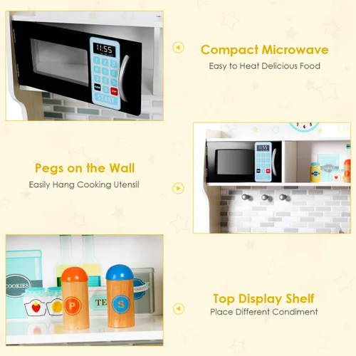 Vista 3 de HONEY JOY Juego de cocina para niños, cocina de simulación para niños pequeños, fregadero y grifo removibles, microondas, utensilios de cocina