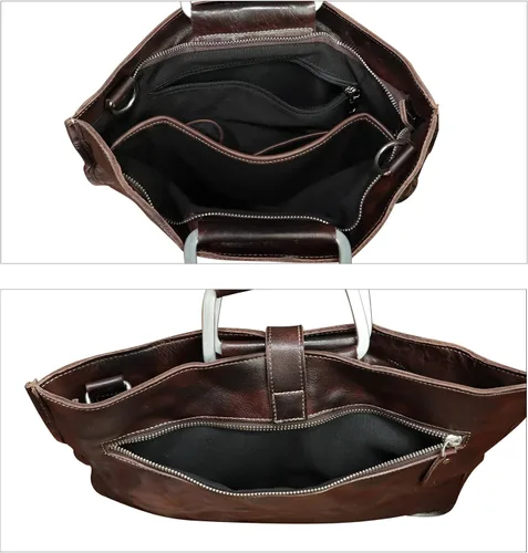 Vista 7 de Maletín delgado de cuero genuino para hombres y mujeres, bolso bandolera vintage para computadora portátil de negocios