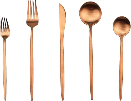 Vista 9 de Cuchara moderna con manchas de cobre, 6 piezas de acero inoxidable 304 color oro rosa mate, cuchara de postre de 7.2 pulgadas, vajilla