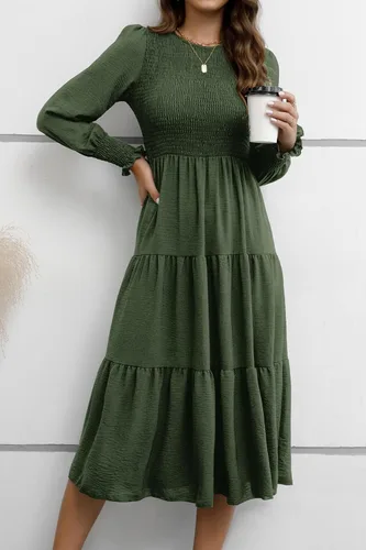 Vista 7 de ZOOMOON Vestido casual de otoño de manga larga para mujer, cuello redondo, cintura alta fruncida, vestidos largos escalonados