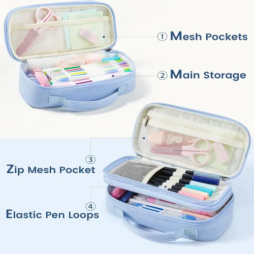 Vista 4 de Sooez Estuche grande para lápices, estuche de pana suave con asa, bonito estuche para bolígrafos, 5 compartimentos, organizador de amplia apertura