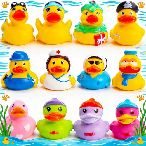 Vista 10 de Patos de goma para niñas, paquete de 12 patos de goma rosa a granel, patos para patos de unicornio, juguetes de baño para bebés, regalos de fiesta