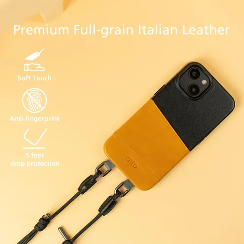 Vista 4 de alto Anello - Funda de piel cruzada diseñada para iPhone 14, funda protectora contra caídas de piel italiana con correa de cordón desmontable