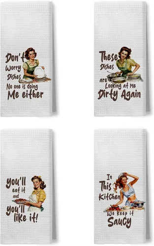 Vista 17 de Toallas de Cocina Divertidas "I'm Fine", Toallas Decorativas de Cocina y Té Estilo Ama de Casa Retro de los 50s, Toallas de Mano de Humor Sarcástico