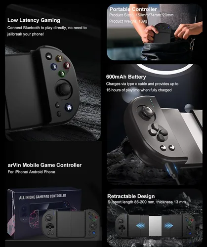 Vista 3 de arVin Wireless Gaming Controller for iPhoneiPadiOSAndroidSamsungPC, Bluetooth Gamepad with Hall Effect JoystickTurboStretchable, Direct Play for