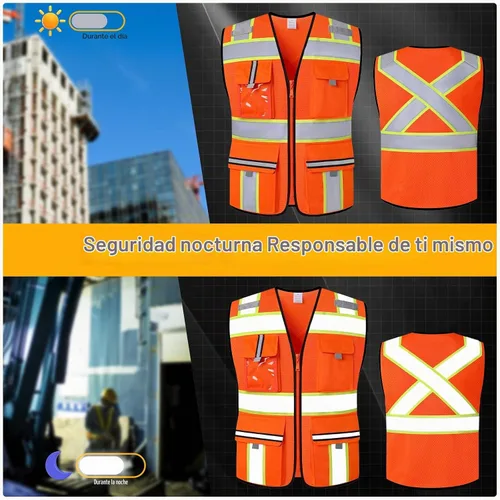 Vista 2 de Chaleco de seguridad clase 2 con cremallera frontal y múltiples bolsillos, chaleco de alta visibilidad, cumple con las normas ANSI/ISEA