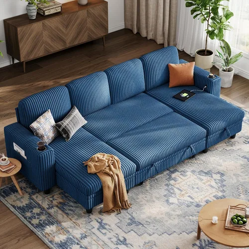 Vista 19 de LINSY HOME Sofá cama seccional con sofá cama extraíble para sala de estar (azul) Plush Corduroy