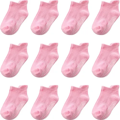 Vista 12 de Calcetines antideslizantes con agarre para tobillos, paquete de 12 unidades para niños pequeños, niños y niñas, lindos calcetines de algodón