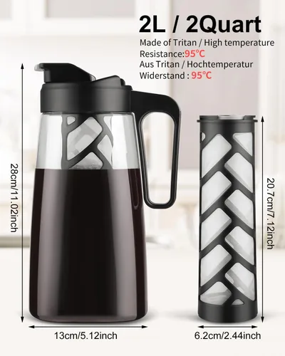 Vista 5 de Sivaphe Cafetera grande de hielo frío de 64 onzas, jarra Traitan Safty Traitan, a prueba de fugas, método de cafetera caliente helada, 2 cuartos