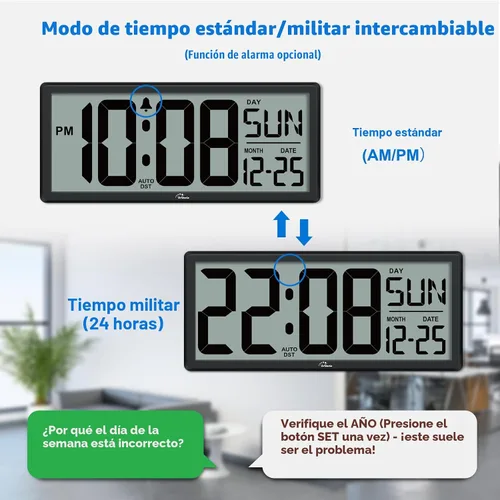 Vista 4 de WallarGe Reloj de pared digital grande de 14.5 pulgadas, funciona con pilas, con números gigantes, temperatura y fecha, fácil de leer y configurar