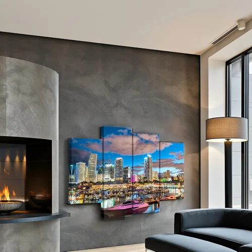 Vista 2 de Nachic Wall Lienzo decorativo de 4 piezas de arte para pared, diseño de horizonte nocturno de Miami, impresión en lienzo de paisaje urbano
