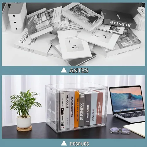 Vista 5 de FABROK Caja Organizadora de Almacenamiento de Libros Transparente, Estuche de Exhibición de Libros de Plástico Apilable con Puerta Magnética