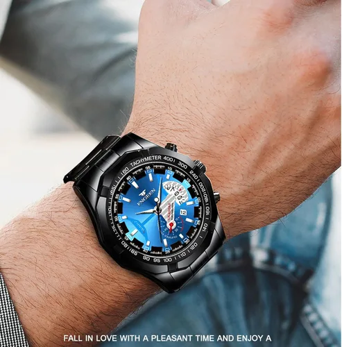 Vista 3 de Paquete de 4 relojes de acero inoxidable para hombre, impermeable, fecha, luminoso, esfera grande, oro, plata, negro, azul, vestido de negocios