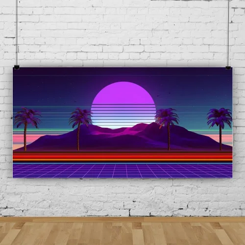 Vista 2 de Renaiss Pancarta retro futurista de 6 x 3 pies con diseño de cibermundo cibernético retrowave estilo de los años 80, paisaje digital, fotografía