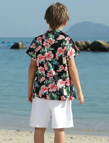 Vista 4 de Enlifety Camisa hawaiana para niños y niñas, blusa casual de verano de manga corta con botones, talla 2-10T