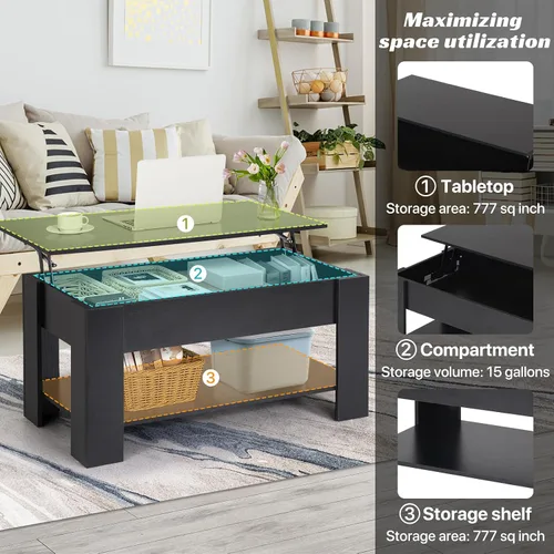 Vista 3 de Mesa de centro elevable con almacenamiento oculto, diseño moderno de elevación de 39.4 pulgadas, escritorio convertible de comedor y portátil