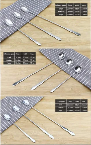 Vista 4 de SellerWay Cuchara de mango largo, cucharadita de acero inoxidable helado de 10 pulgadas para mezclar, té, batido, café, 3 formas diferentes