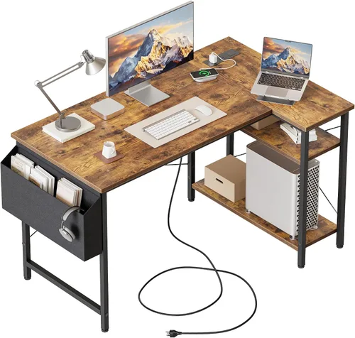Vista 37 de Mericonia Escritorio pequeño en forma de L para computadora con tomas de corriente, escritorio de juegos para espacios pequeños, escritorio