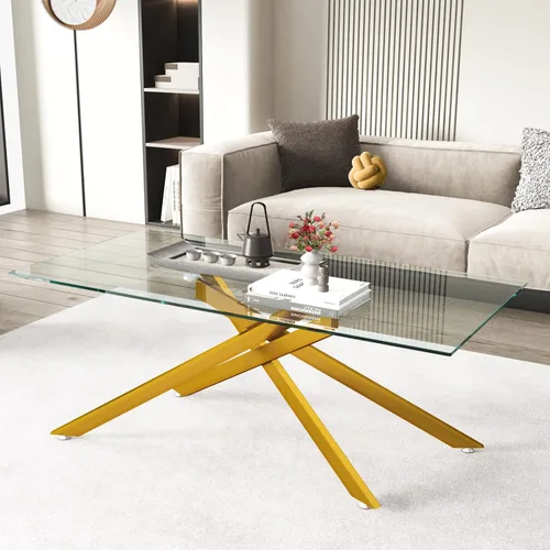 Vista 9 de Mesa de centro de cristal para sala de estar, moderna rectangular con parte superior de vidrio templado transparente y patas de metal, mesas de Negro